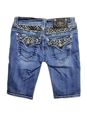 Miss Me Bling Pocket Denim Shorts Rhinestone Studded Flap Medium Wash Size 26